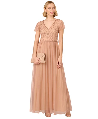 Adrianna Papell Women's Bead Embellished V-Neck Gown