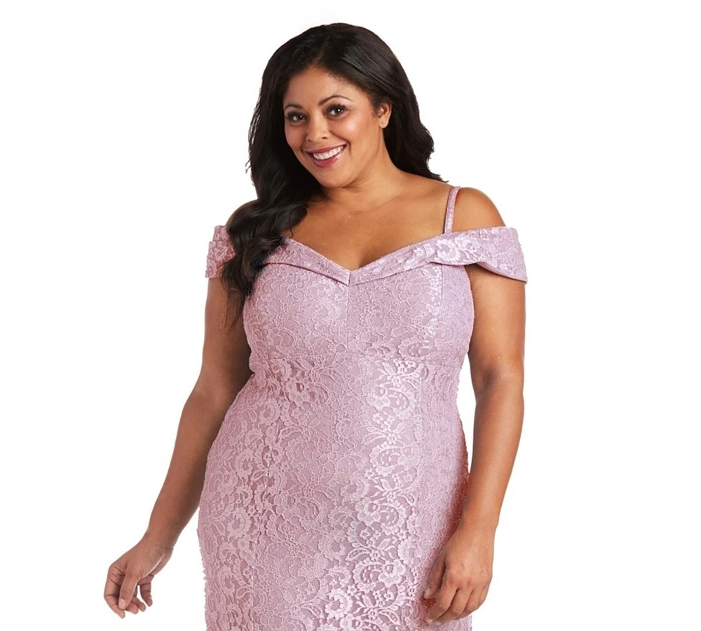 R & M Richards Plus Size Off-The-Shoulder Lace Gown