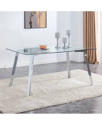 Simplie Fun Modern Glass Dining Table, Silver Legs, 63"X35.4"X30"