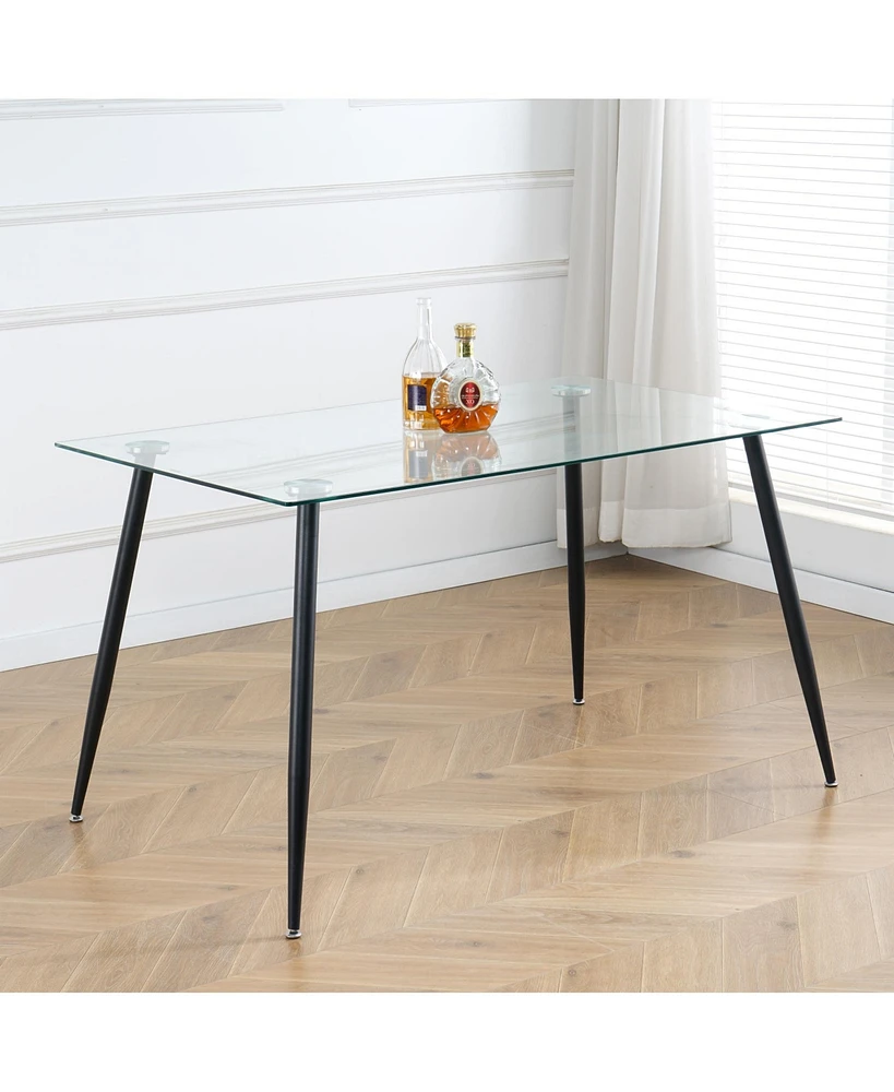 Simplie Fun Modern Kitchen Glass Dining Table 51" Rectangular Tempered Glass Table Top, Clear Dining Table Metal Legs