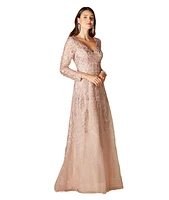 Women's Long Bell Sleeve V-Neck Beaded Gown