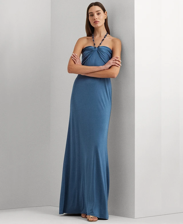 jersey a line dresses Beaded Waist Line Jersey Long Dress with Cut-Out Back GLGL2306 main image 1
