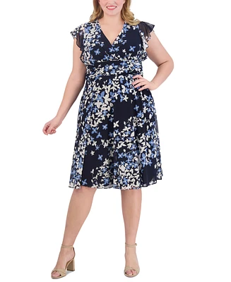 Jessica Howard Plus Size Printed Flutter-Sleeve Dress