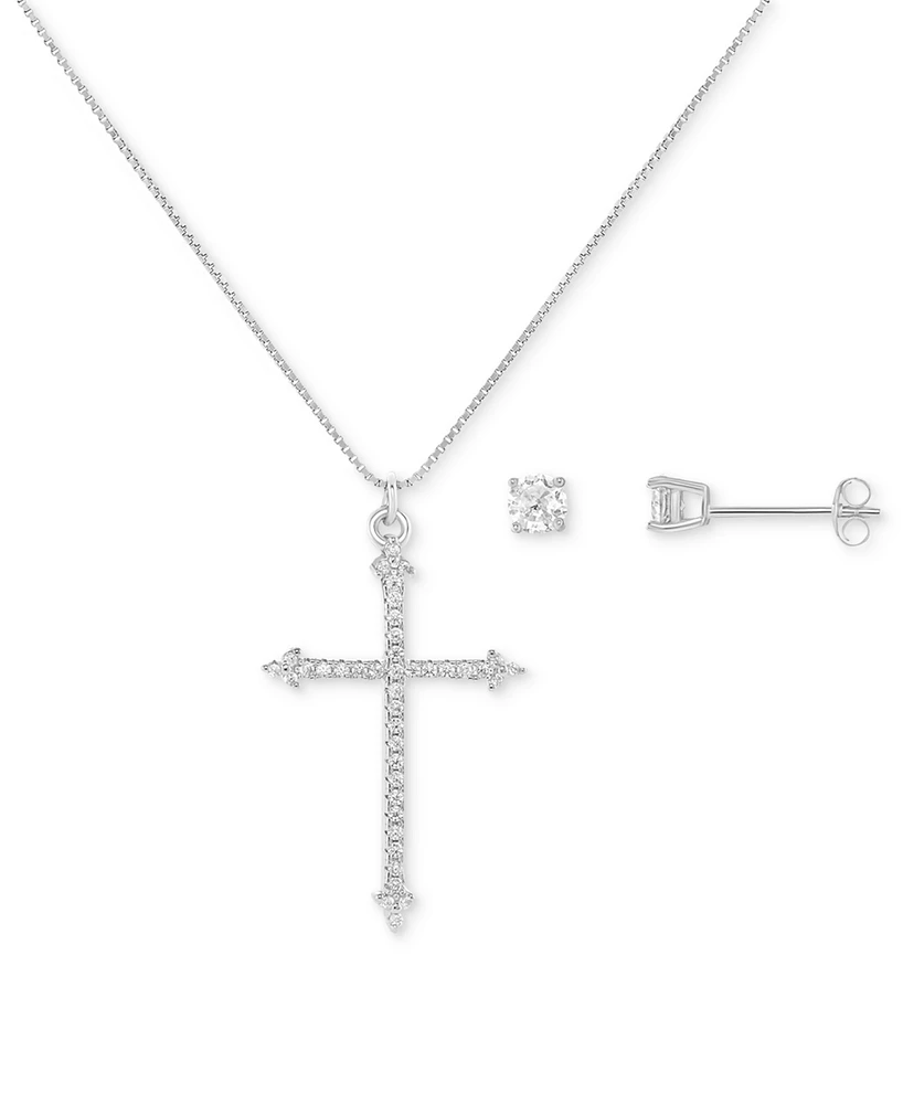 Giani Bernini 2-Pc. St Cubic Zirconia Cross Pendant Necklace & Solitaire Stud Earrings in Sterling Silver, Created for Macy's