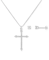 Giani Bernini 2-Pc. St Cubic Zirconia Cross Pendant Necklace & Solitaire Stud Earrings in Sterling Silver, Created for Macy's