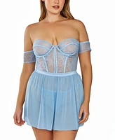 iCollection Plus 2Pc. Babydoll Lingerie Set Patterned Soft Lace and Mesh - Light