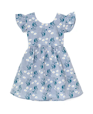 Bluey Floral Girls Chambray Skater Dress Toddler|Child