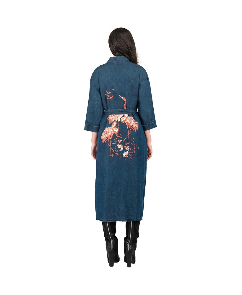 Women's Bird Print Back Denim Kimono Trench Coats