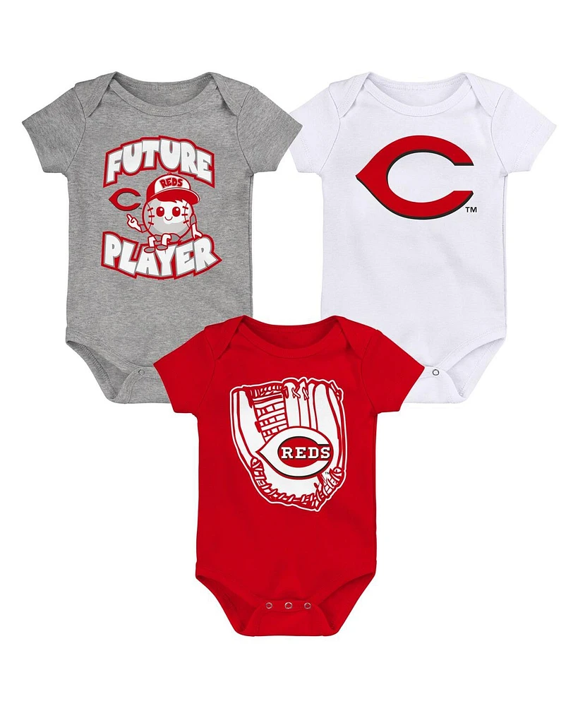 Baby Boys and Girls Heather Gray, Red, White Cincinnati Reds Minor League Player Three-Pack Bodysuit Set