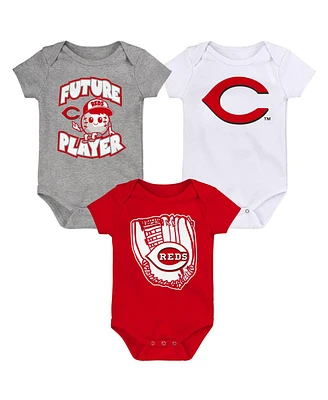 Baby Boys and Girls Heather Gray, Red, White Cincinnati Reds Minor League Player Three-Pack Bodysuit Set