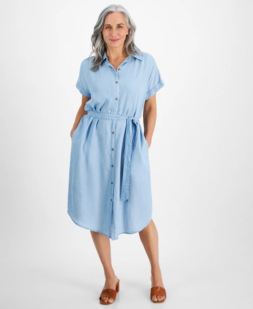 Style & Co Petite Chambray Belted Camp Shirt Dress, Created for Macy's