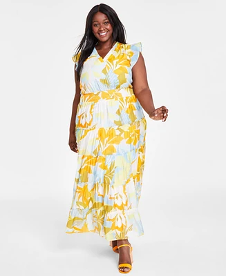 Vince Camuto Plus Size Printed Flutter-Sleeve Tiered Maxi Dress