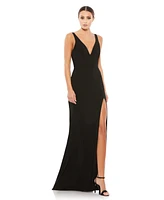 Mac Duggal Women's Ieena Plunge Neck High Slit Gown