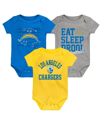 Baby Boys and Girls Gold, Powder Blue, Heather Gray Los Angeles Chargers Three-Pack Eat, Sleep and Drool Retro Bodysuit Set