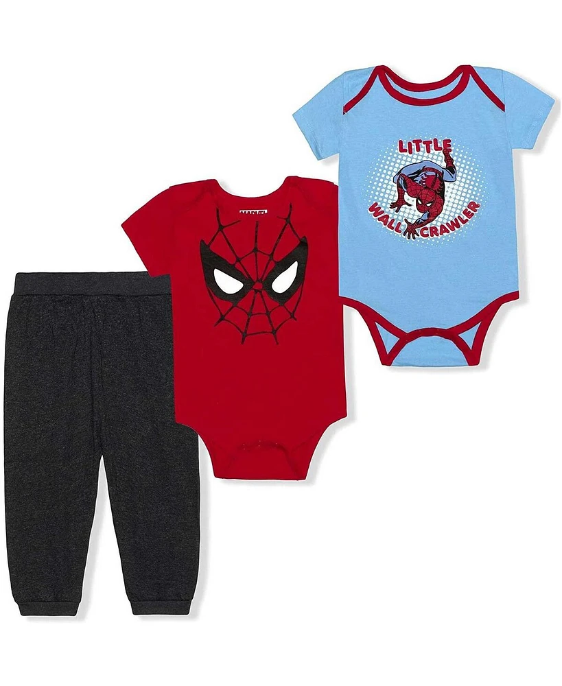 Baby Boys and Girls Red, Light Blue, Heather Black Spider-Man Little Wall Crawler 3-Piece Bodysuit and Jogger Pants Set