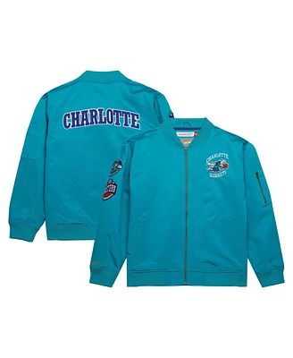 Men's Mitchell & Ness Teal Distressed Charlotte Hornets Hardwood Classics Vintage-Like Logo Full-Zip Bomber Jacket