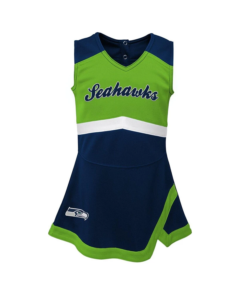 Little Girls Navy Seattle Seahawks Two-Piece Cheer Captain Jumper Dress with Bloomers Set