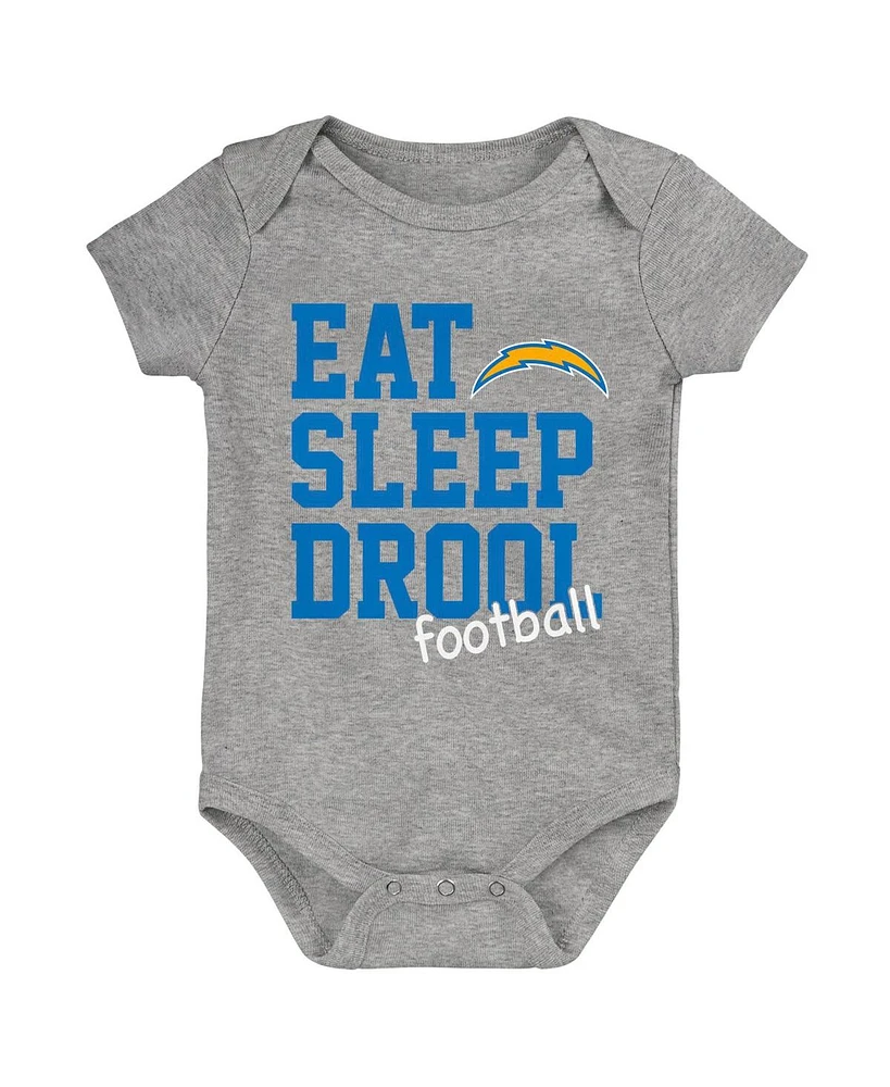 Baby Boys and Girls Gold, Powder Blue, Heather Gray Los Angeles Chargers Three-Pack Eat, Sleep Drool Retro Bodysuit Set