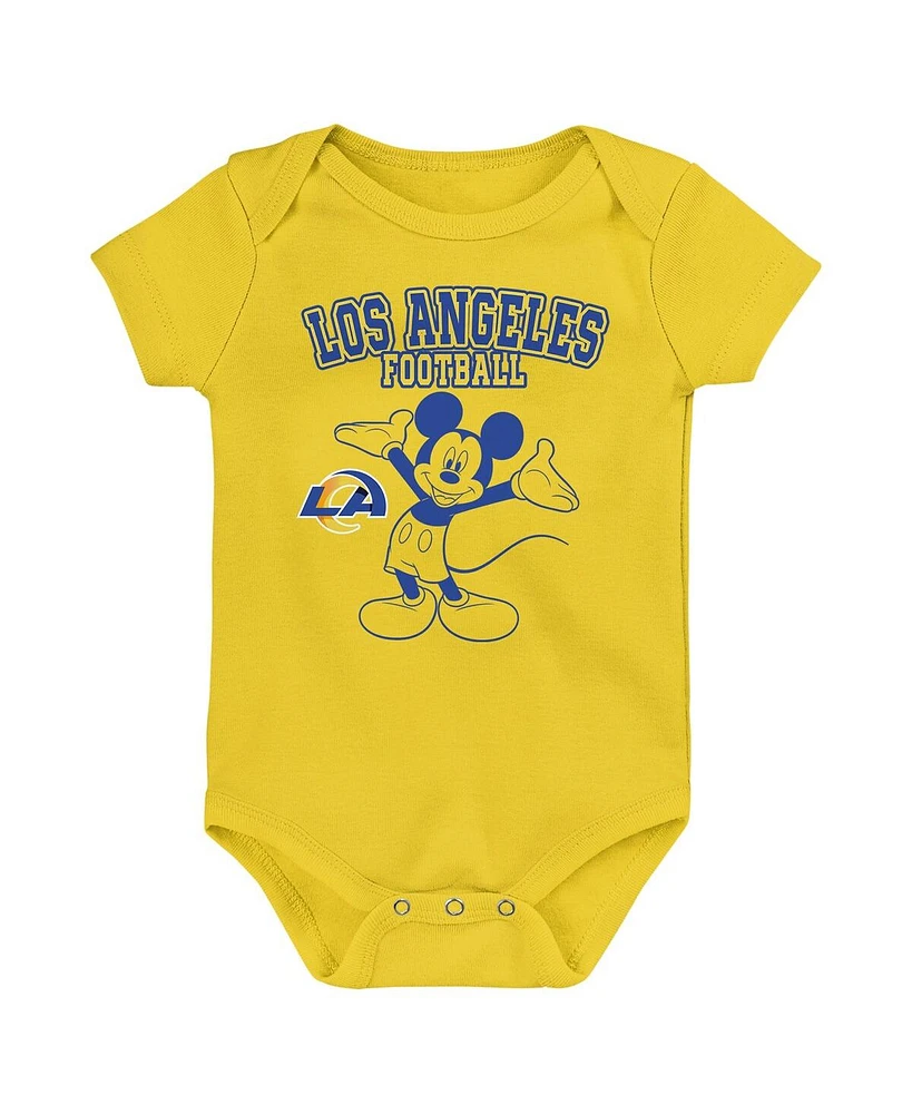 Baby Boys and Girls Royal, Gold, Gray Los Angeles Rams Three-Piece Disney Game Time Bodysuit Set