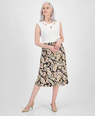 Kasper Petite Printed Pull-On Midi Skirt