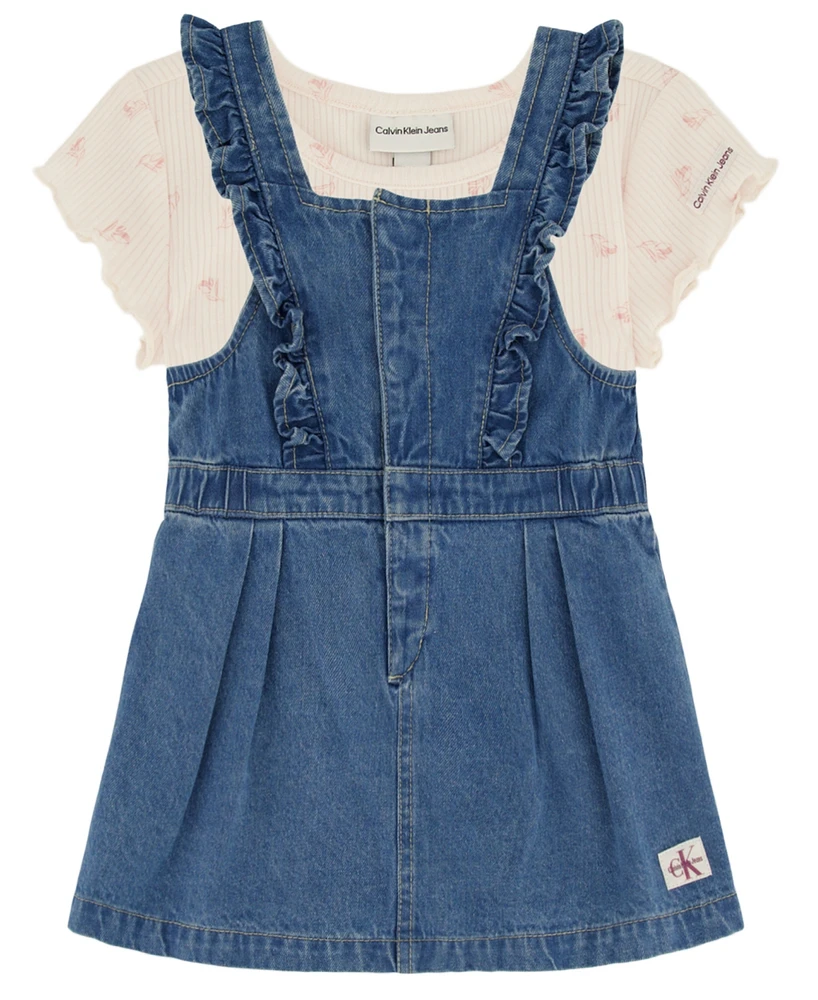 Calvin Klein Little Girls Lettuce Edge Ribbed T-shirt and Ruffle-Trim Denim Jumper, 2 Piece Set