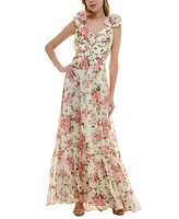 B Darlin Juniors' Floral-Print Strappy-Back Ruffled Gown