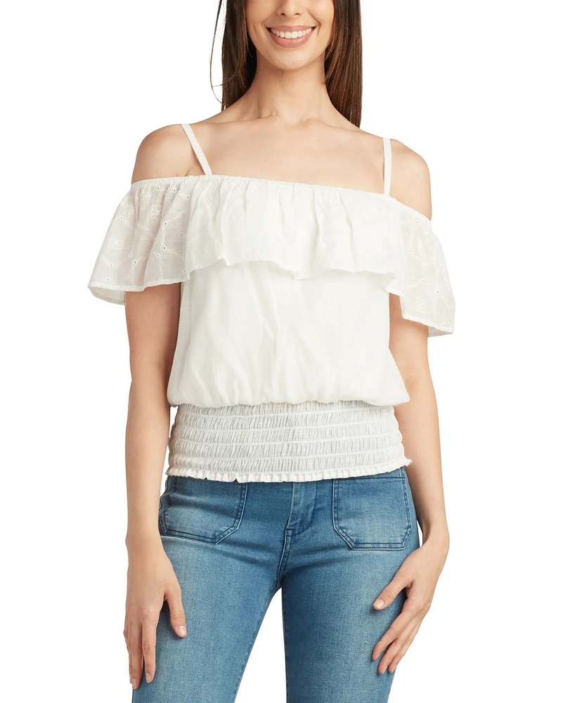 Bcx Juniors' Ruffled Off-The-Shoulder Smocked-Hem Top