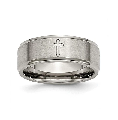 Chisel Titanium Brushed Center 8 mm Cross Ridged Edge Wedding Band Ring