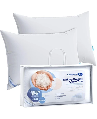 Continental Bedding Luxury Down Pillows Queen Size Set of 2 - 550FP Medium