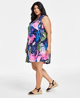 Charter Club Plus 100% Linen Printed Split-Neck Dress, Created for Macy's