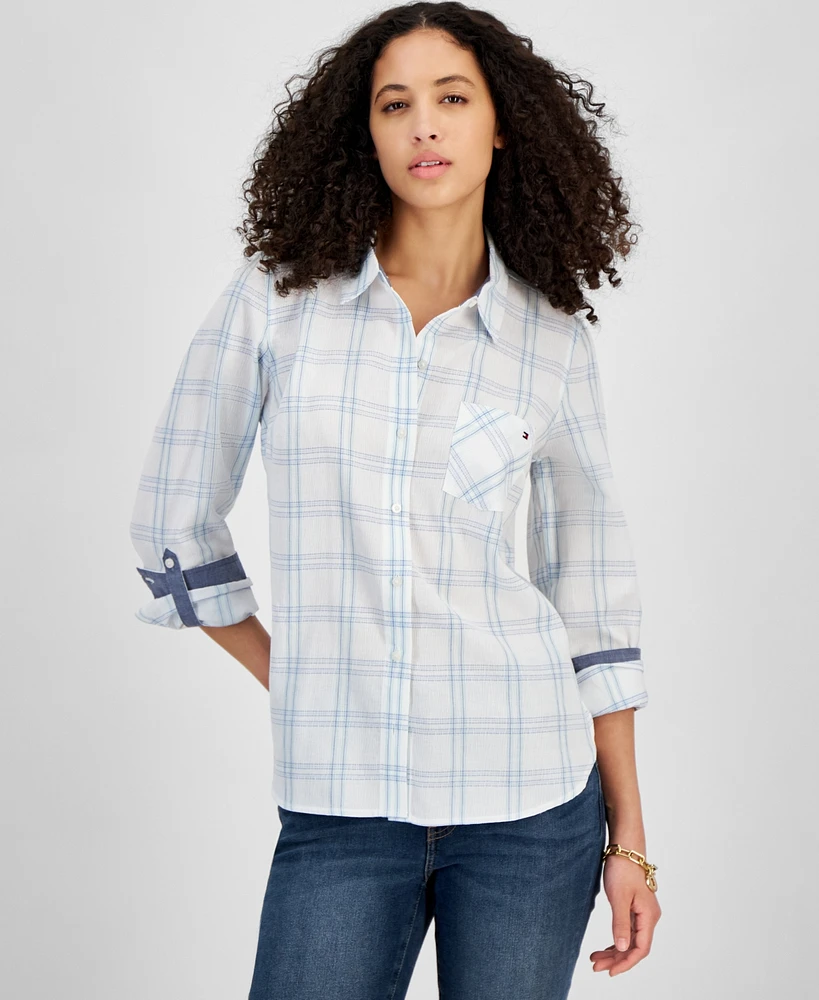 Tommy Hilfiger Women's Pebble Plaid Roll-Tab Cotton Shirt