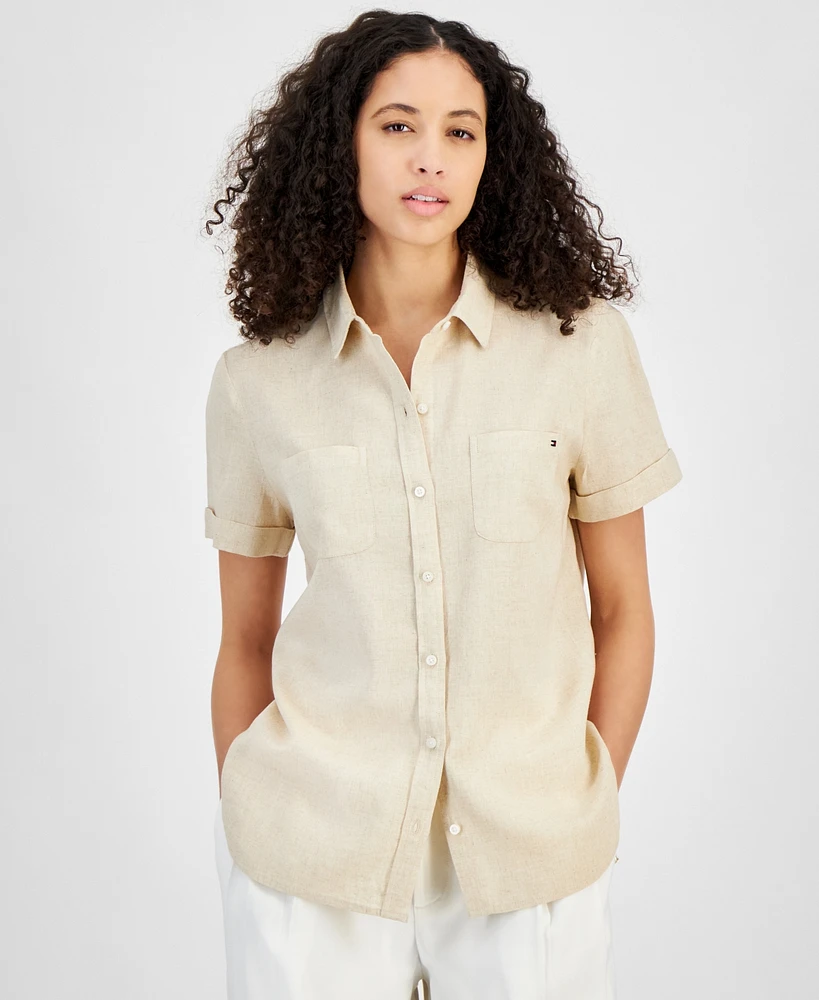 Tommy Hilfiger Women's Linen-Blend Short-Sleeve Button-Front Shirt