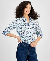 Tommy Hilfiger Women's Printed Roll-Tab-Sleeve Button-Front Cotton Shirt