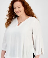 Jm Collection Plus 3/4-Sleeve Linen-Blend Top, Created for Macy's