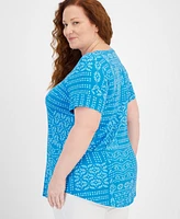 Jm Collection Plus Patchwork Paradise Short Sleeve Top, Created for Macy's