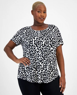 Jm Collection Plus Printed Short Sleeve Scoop-Neck Top