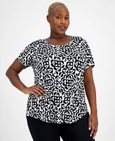 Jm Collection Plus Printed Short Sleeve Scoop-Neck Top