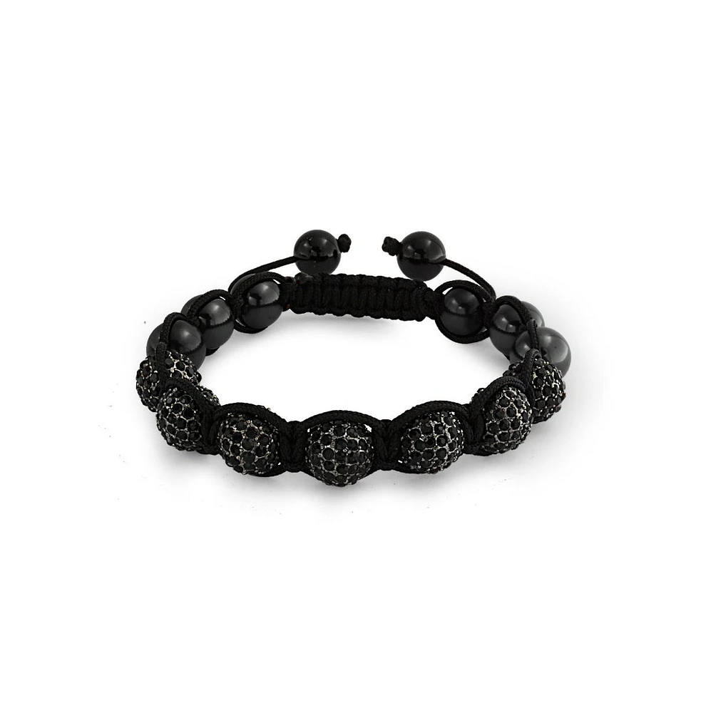 Bling Jewelry Black Pave Crystal Ball Natural Hematite Bracelet For Women Black Cord String Adjustable