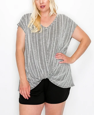 Coin 1804 Plus Variegated Textured Stripe V Neck Twist Front Top