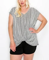 Coin 1804 Plus Variegated Textured Stripe V Neck Twist Front Top