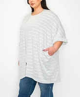 Coin 1804 Plus Textured Jacquard Stripe Rolled Sleeve Pocket Kimono Top