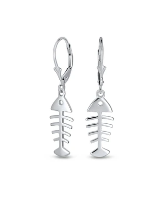 Bling Jewelry Nautical Vacation Ocean Sea Lever back Drop Dangle Skeleton Fishbone Fish Earrings For Women Sterling Silver