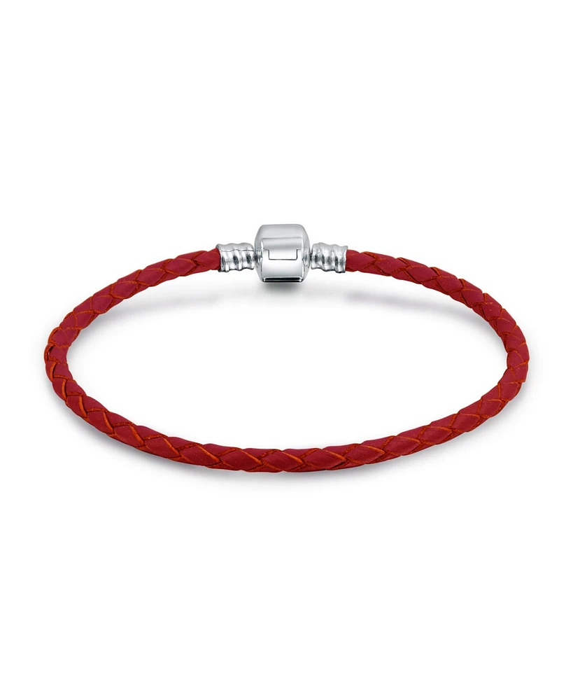 Bling Jewelry Red Weave Braided Leather Starter Charm Fits European Beads Bracelet .925 Sterling Silver Barrel Clasp