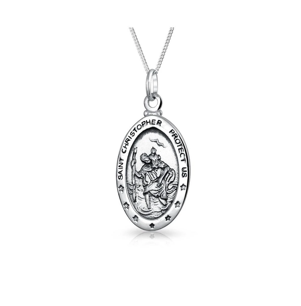 Bling Jewelry Parton Of Safe Travel "Protect Us" Medal Medallion Oval Saint Christopher Pendant Necklace For Women Sterling Silver