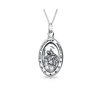 Parton Of Safe Travel "Protect Us" Medal Medallion Oval Saint Christopher Pendant Necklace For Women .925 Sterling Silver