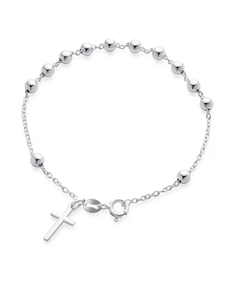 Thin Simple Religious Prayer Ball Beads Cross Rosary Bracelet For Women Teen .925 Sterling Silver