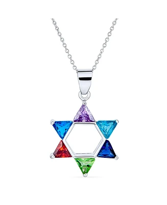 Modern Multi-Color Cz Judaica Hanukkah Star of David Pendant Necklace .925 Sterling Silver for Women s