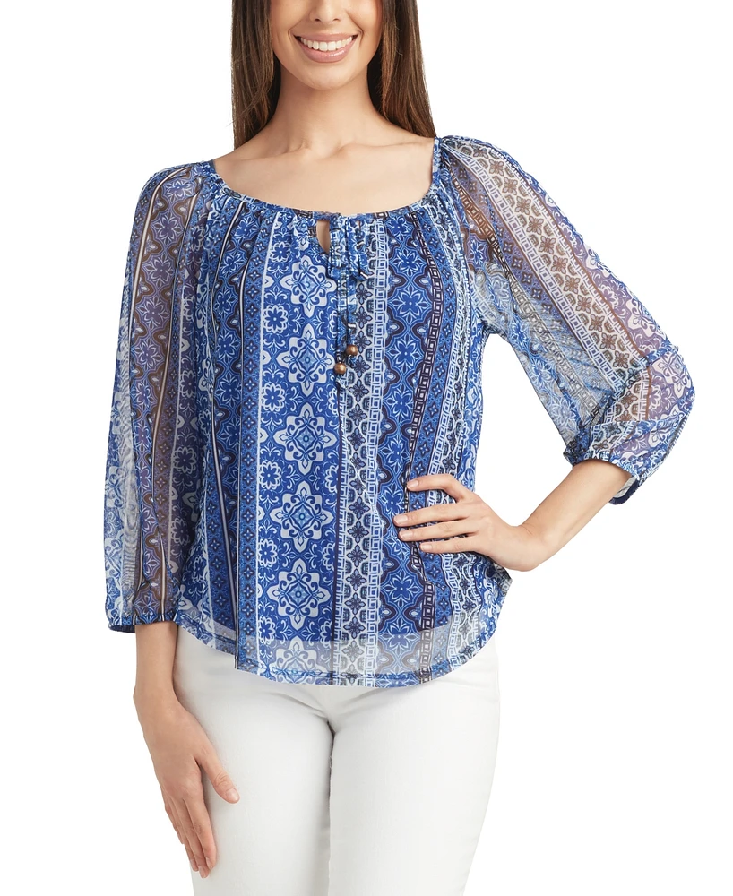 Bcx Juniors' 3/4-Sleeve Printed Mesh Peasant Top