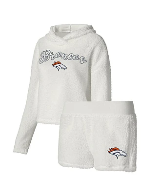 Women's Concepts Sport White Denver Broncos Fluffy Pullover Sweatshirt and Shorts Sleep Set