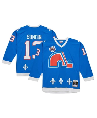 Men's Mitchell & Ness Mats Sundin Blue Distressed Quebec Nordiques Vintage-Like Hockey 1992/93 Line Player Jersey